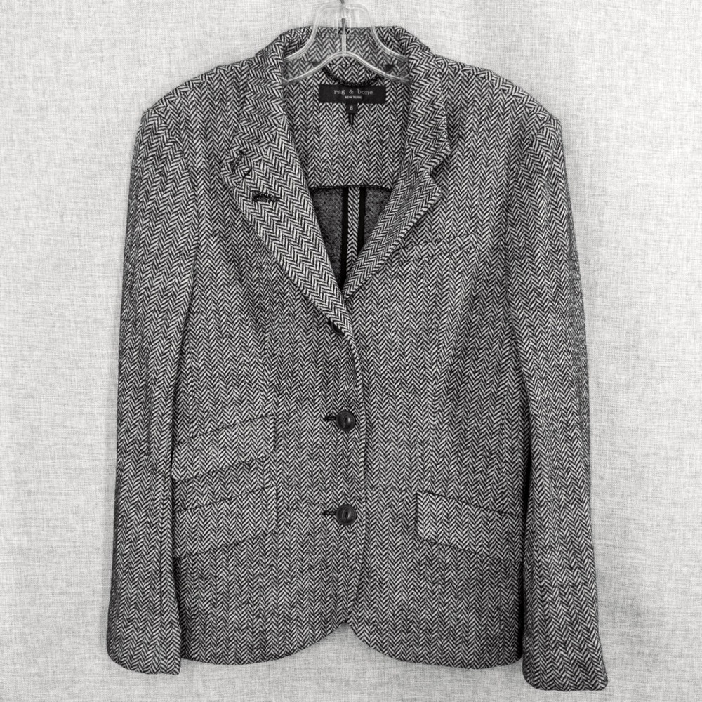 rag & bone Women's 6 Herringbone Virgin Wool Blazer Jacket Black White $598